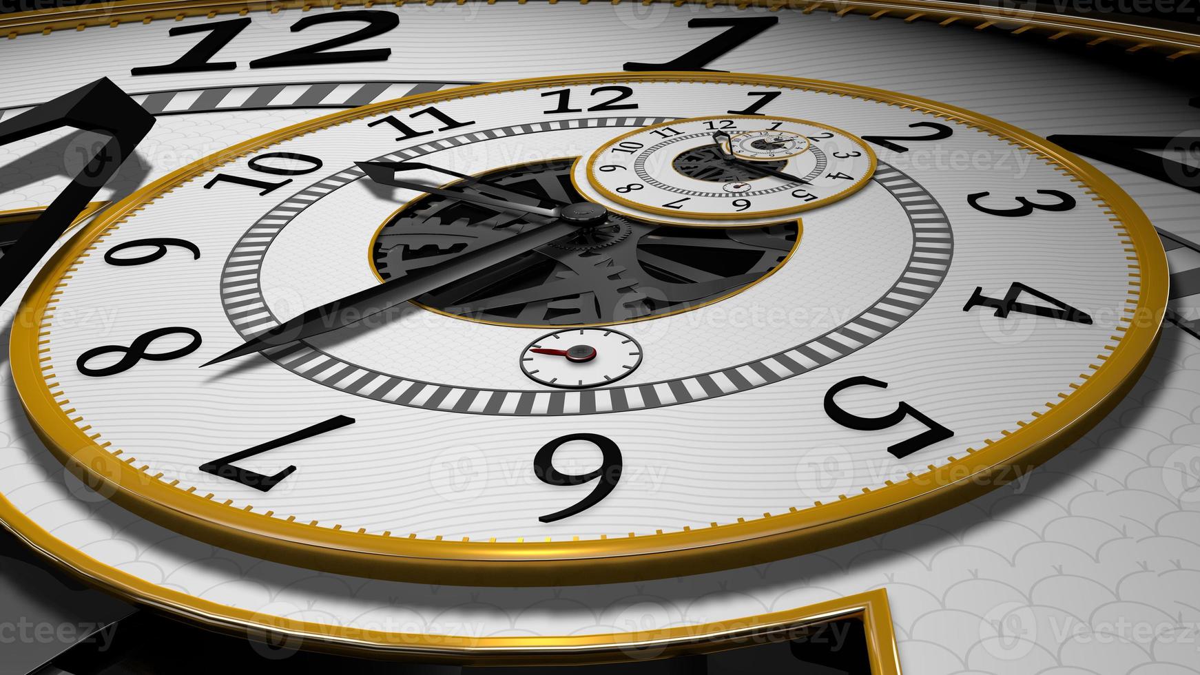 horloge surréaliste avec engrenages exposés, fond blanc avec motif gris et bords dorés qui se répètent à l'infini l'un dans l'autre. illustration 3d photo