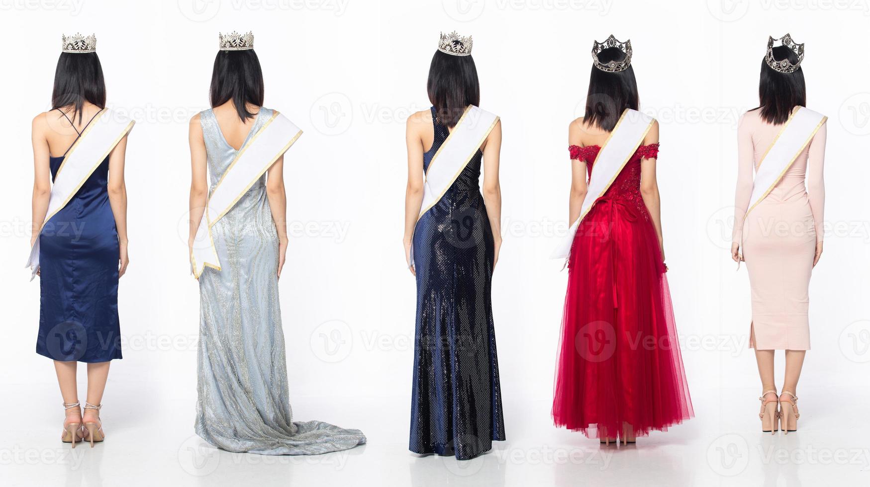 collage pleine longueur corps d'une belle femme asiatique porter une robe de soirée à paillettes, faire demi-tour vue arrière photo