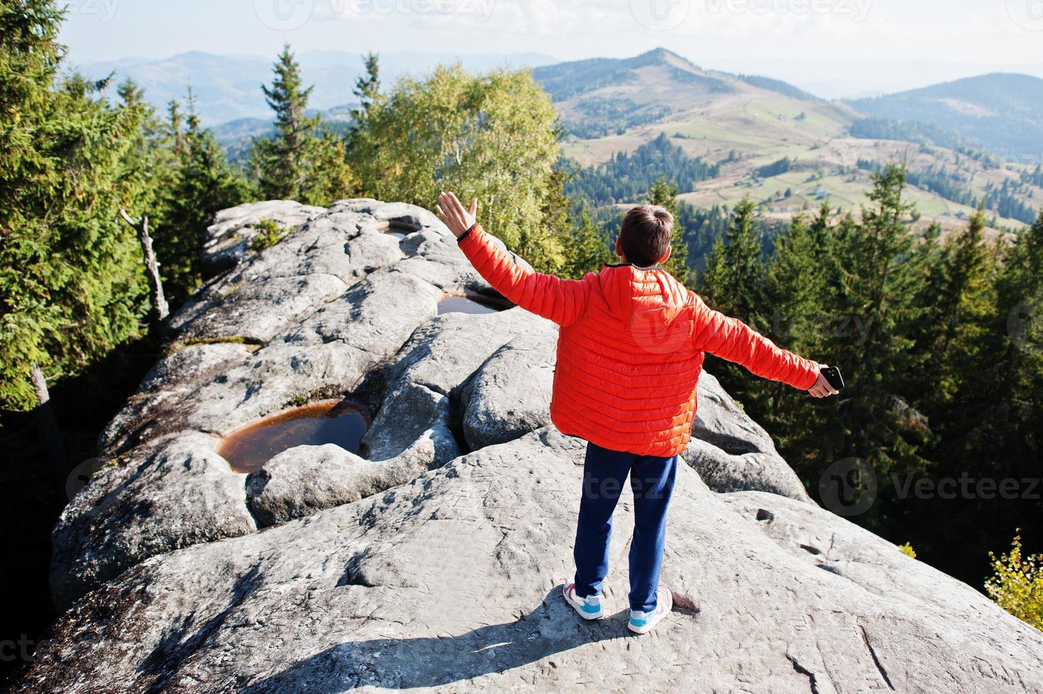 dos du garçon au sommet de la montagne. les enfants font de la randonnée par une belle journée dans les montagnes, se reposent sur un rocher et admirent une vue imprenable sur les sommets. loisirs actifs de vacances en famille avec des enfants. amusement en plein air et activité saine. photo