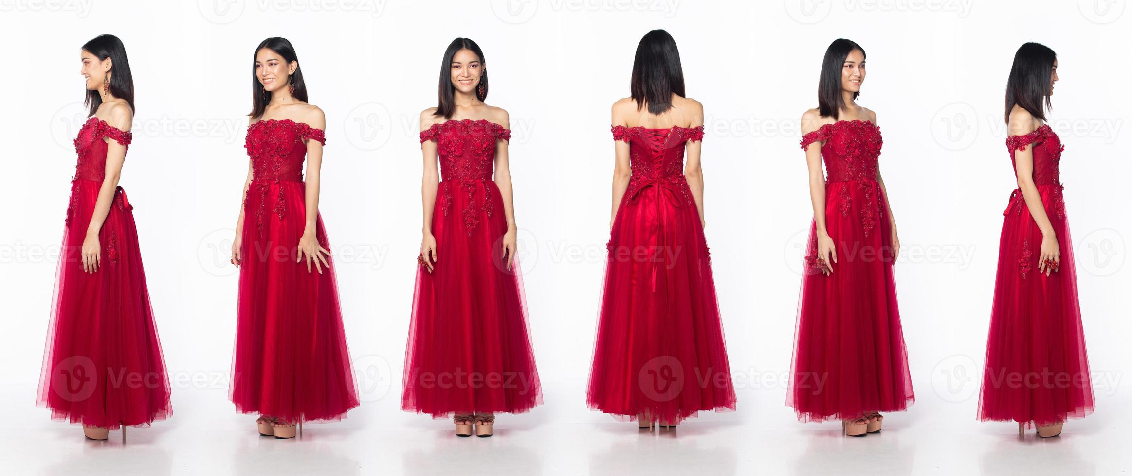 corps de pleine longueur de belle femme asiatique porter une robe de soirée rouge à paillettes, 360 avant arrière arrière photo