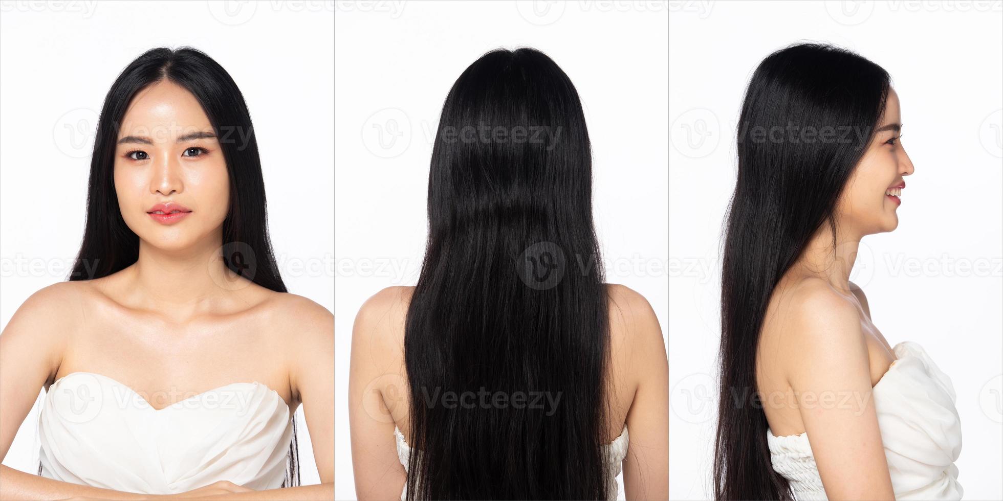 demi-corps jeune femme asiatique adulte, regardez la caméra, belle mode maquillage épaule ouverte. beauté femme express sentiment sourire heureux avec de longs cheveux noirs raides sur fond blanc isolé photo