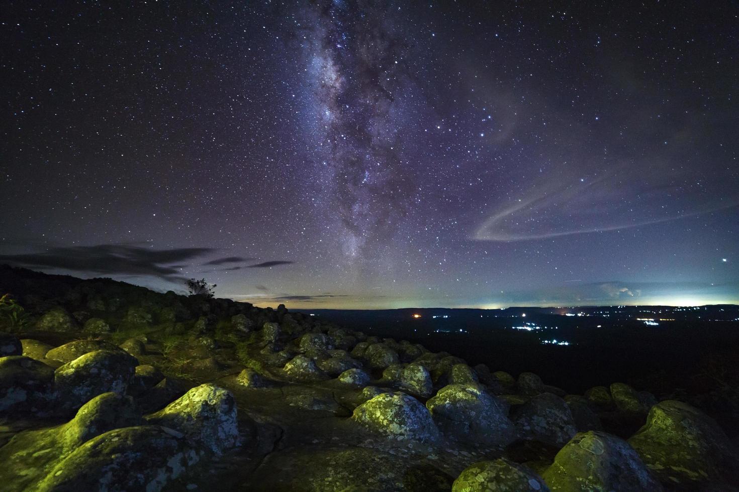 galaxie de la voie lactée avec le sol en pierre du bouton est le nom du point de vue de lan hin pum au parc national de phu hin rong kla à phitsanulok, thaïlande photo