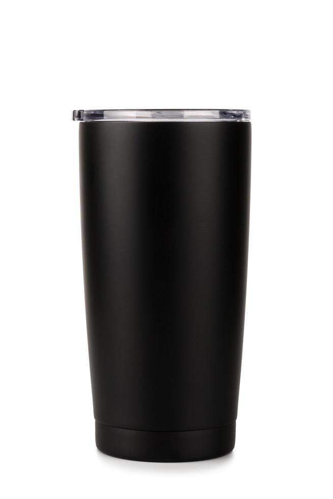 bouteille thermos noire, verre tumbler sur fond blanc photo