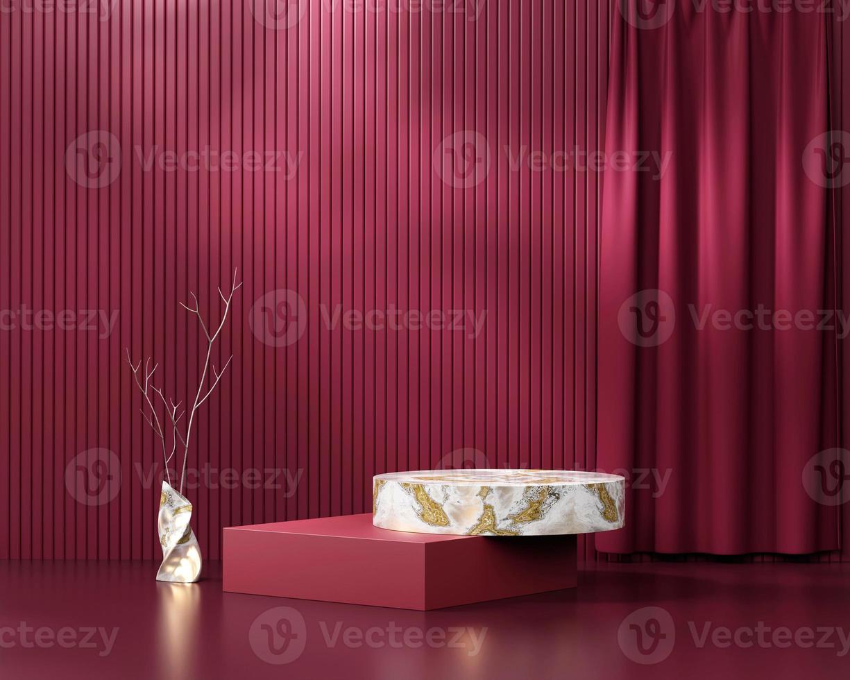 vitrine de produits de plate-forme de podium rouge élégance nature morte abstraite avec rendu 3d de rideau photo