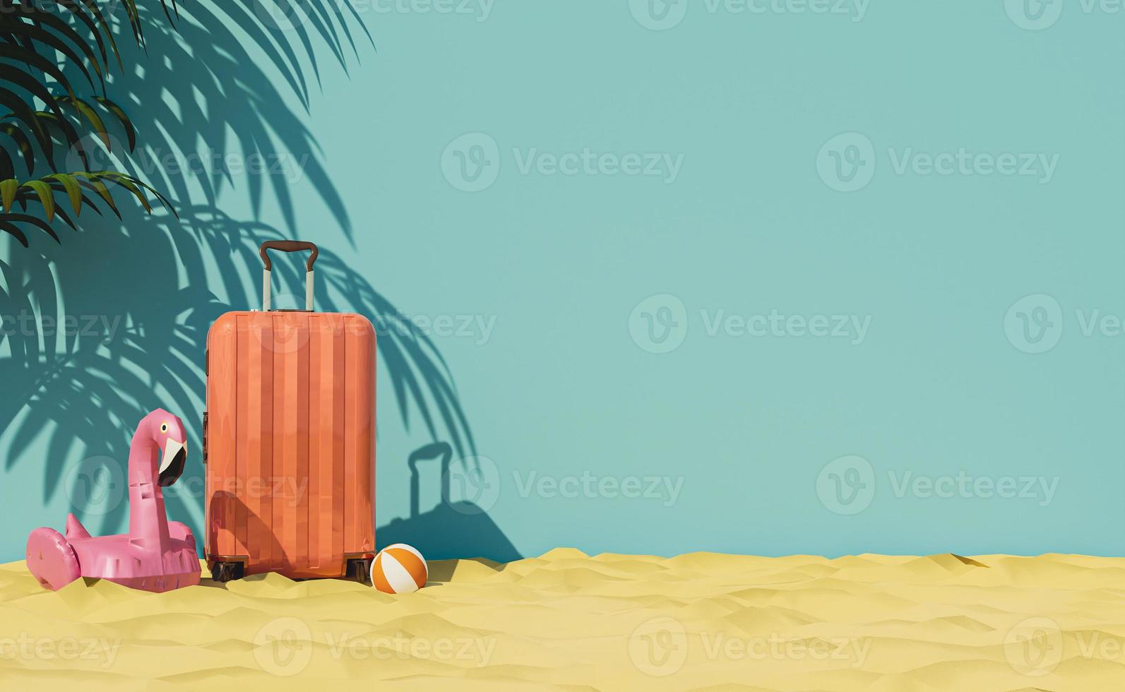 affichage des bagages jaunes sur le sable jaune les jours d'été maquette de conception de bannière de voyage avec canard rose et ombre de feuille de ballon de plage à l'arrière de l'image de rendu 3d photo