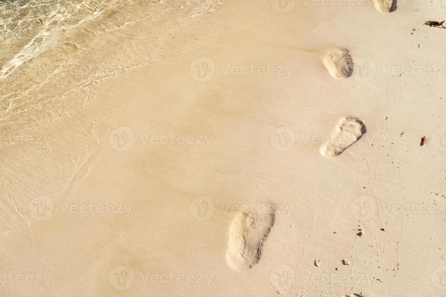 plage, vague et empreintes de pas au coucher du soleil. empreintes de pas au coucher du soleil avec du sable doré. plage, vague et pas au coucher du soleil photo