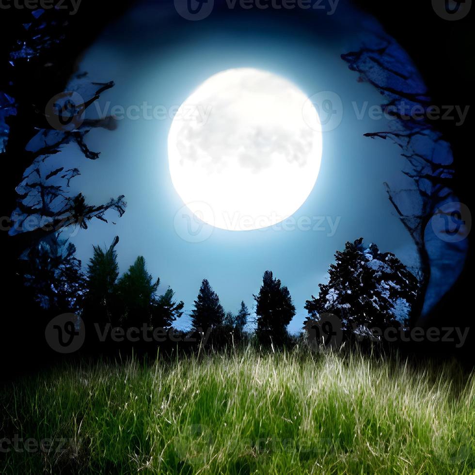 paysage de conte de fées enchanté magique fantastique avec lac forestier, fabuleux jardin de conte de fées. fond bleu mystérieux et rayon de lune rougeoyant dans la nuit photo