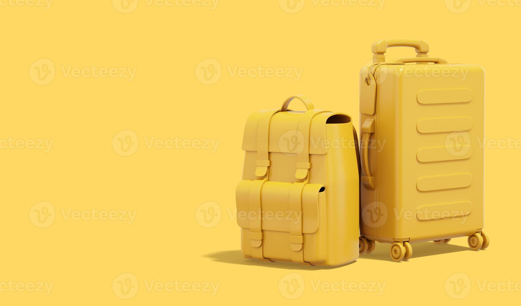 rendu 3d. valise jaune et sac à dos touristique sur fond jaune avec place pour le texte. photo