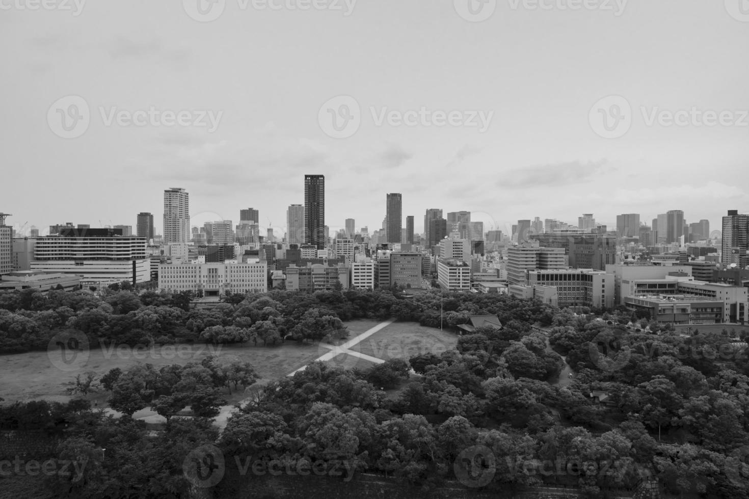 vue sur les toits d'osaka depuis l'est du centre-ville en noir et blanc. parc public au premier plan. les immeubles de grande hauteur comprennent les immeubles de bureaux et les tours résidentielles. photo