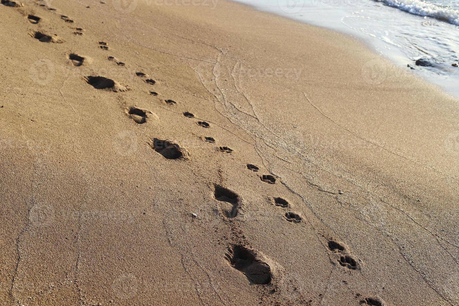 empreintes de pas dans le sable sur les rives de la mer méditerranée. photo