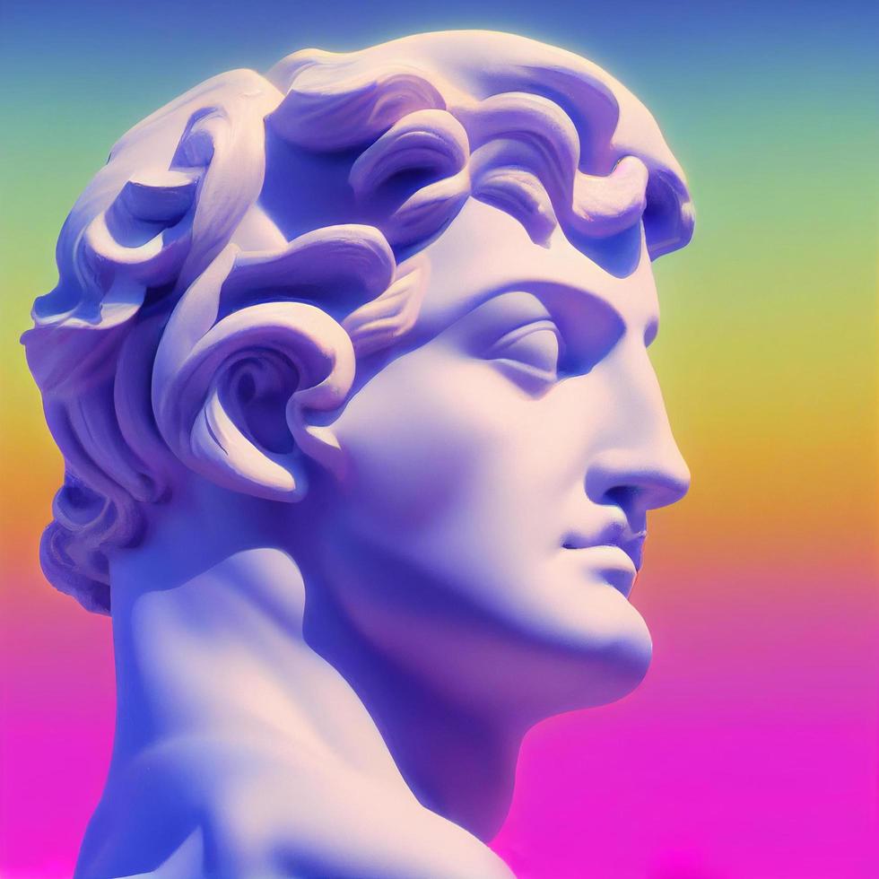 sculpture de dieu grec dans la conception pop de la ville retrowave, couleurs de style vaporwave, rendu 3d photo