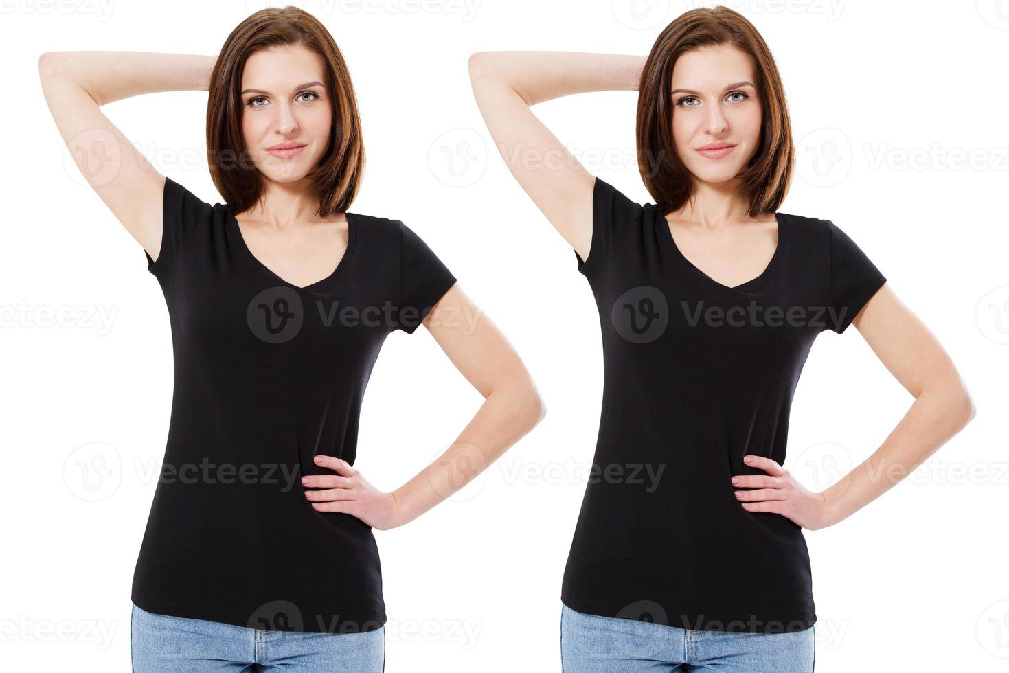 femme en t-shirt noir à col en v isolé sur blanc photo
