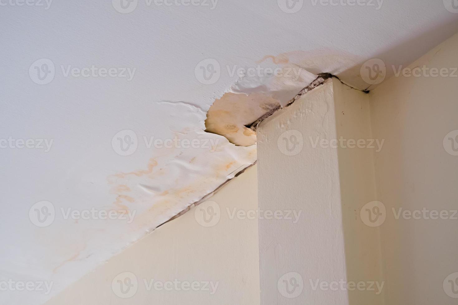 toit de plafond endommagé par l'eau, tache brune, immeuble de bureaux photo