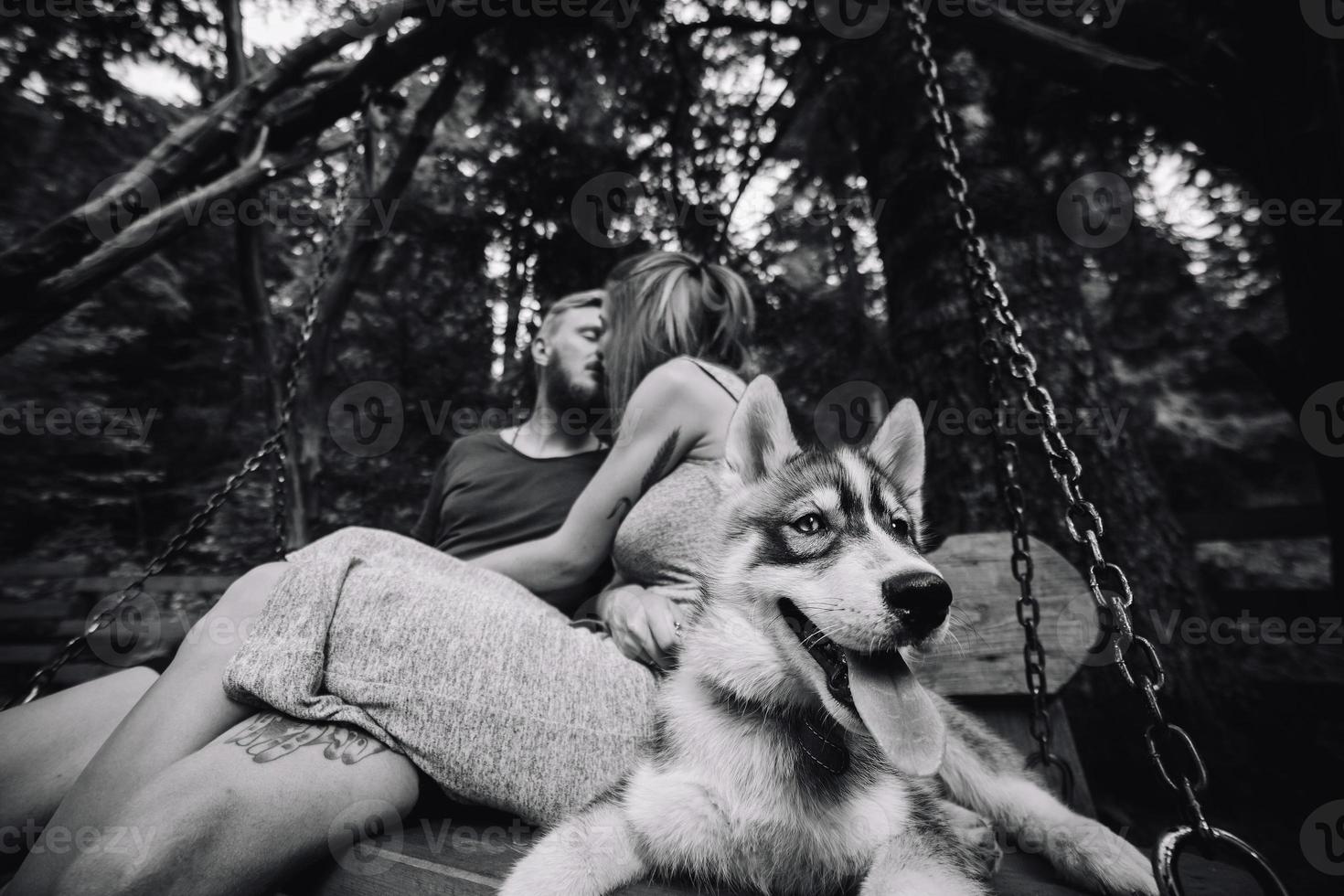 beau couple avec chien sur une balançoire photo