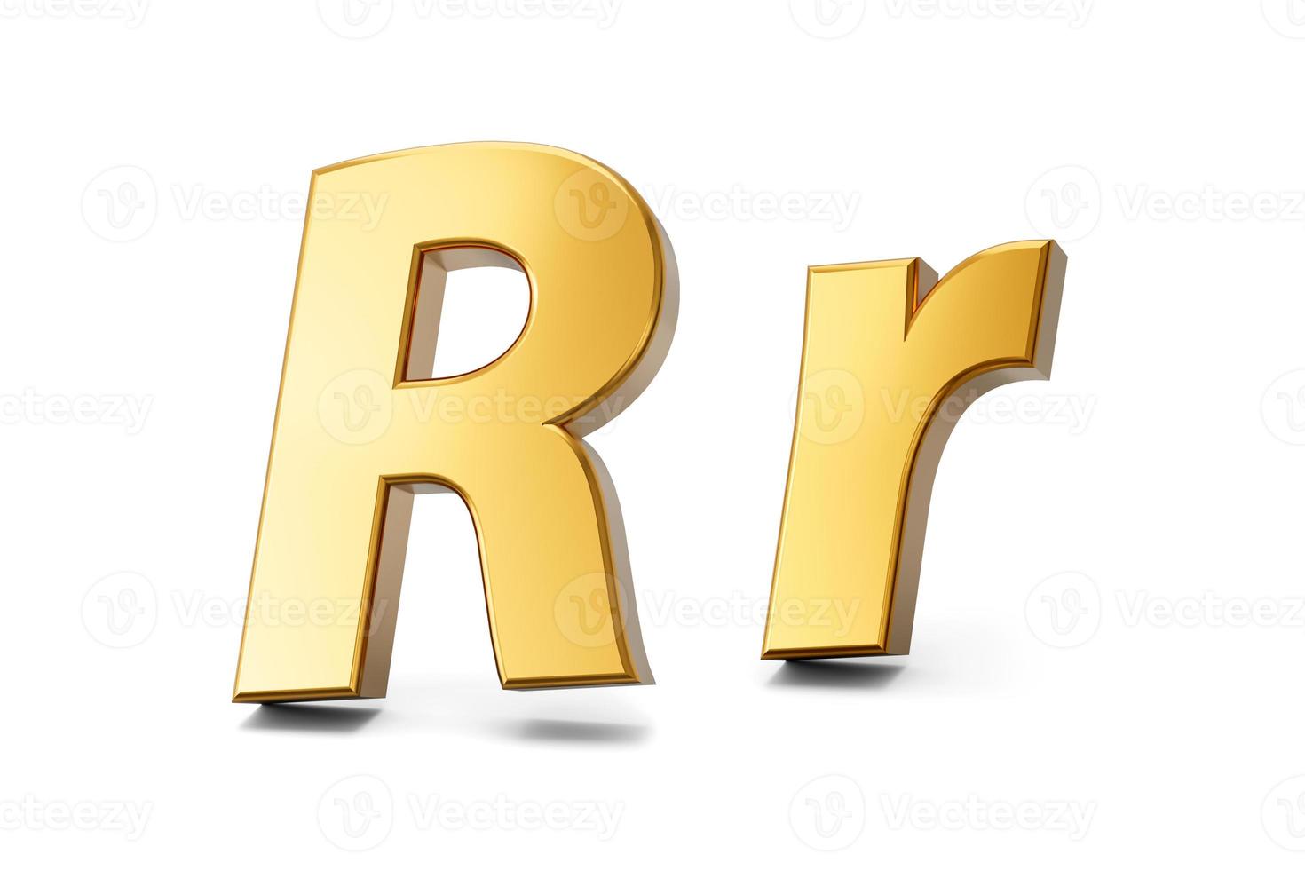 Lettre 3d r en métal doré sur fond blanc isolé, illustration 3d majuscule et minuscule photo
