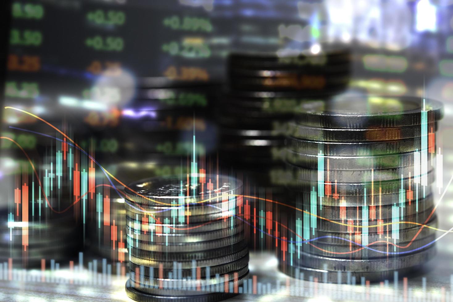 finance marché boursier ou graphique de trading forex et graphique en chandelier analyse d'échange d'investissement gestion de l'économie et pile de pièces. arrière-plan abstrait de la finance. photo