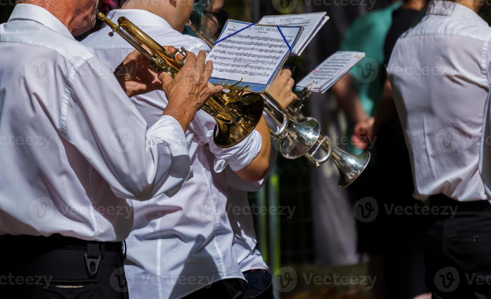 orchestre avec instruments à vent. trompettistes en tenue de cérémonie.  11159318 Photo de stock chez Vecteezy