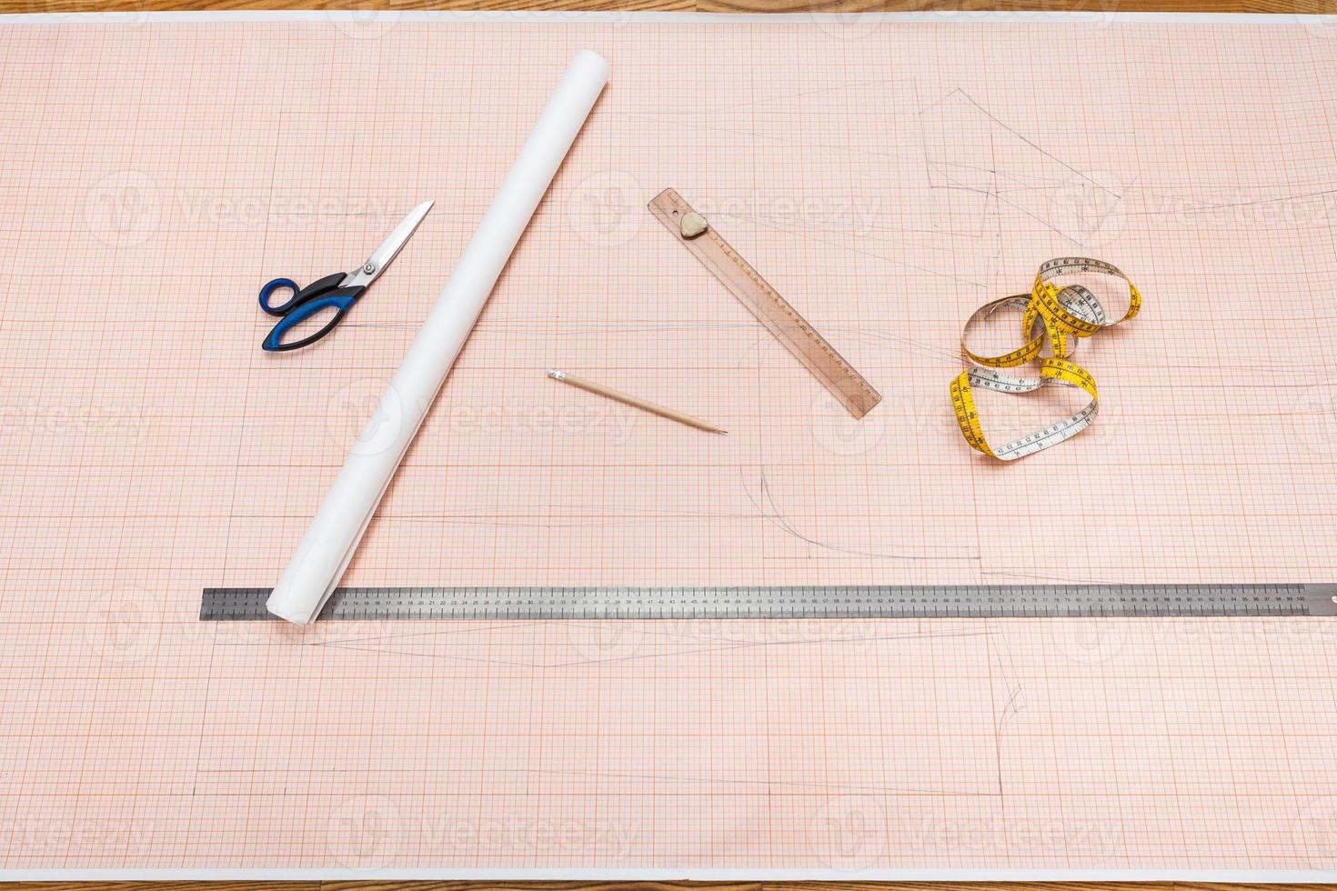 outils pour dessiner un patron de vêtement sur du papier quadrillé photo