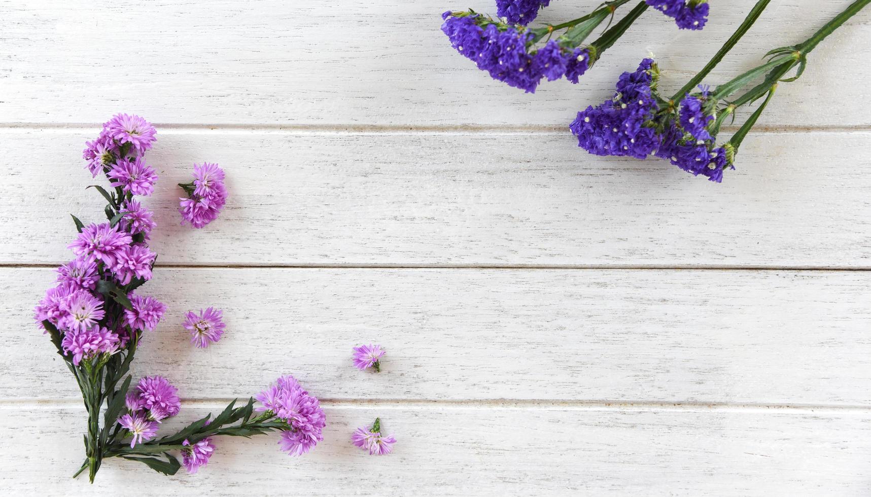 cadre de fleurs marguerite violet et statice décorer sur fond de bois blanc photo