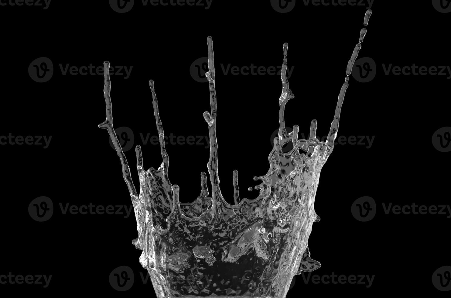 éclaboussures d'eau avec des gouttelettes sur fond noir. Illustration 3D. photo