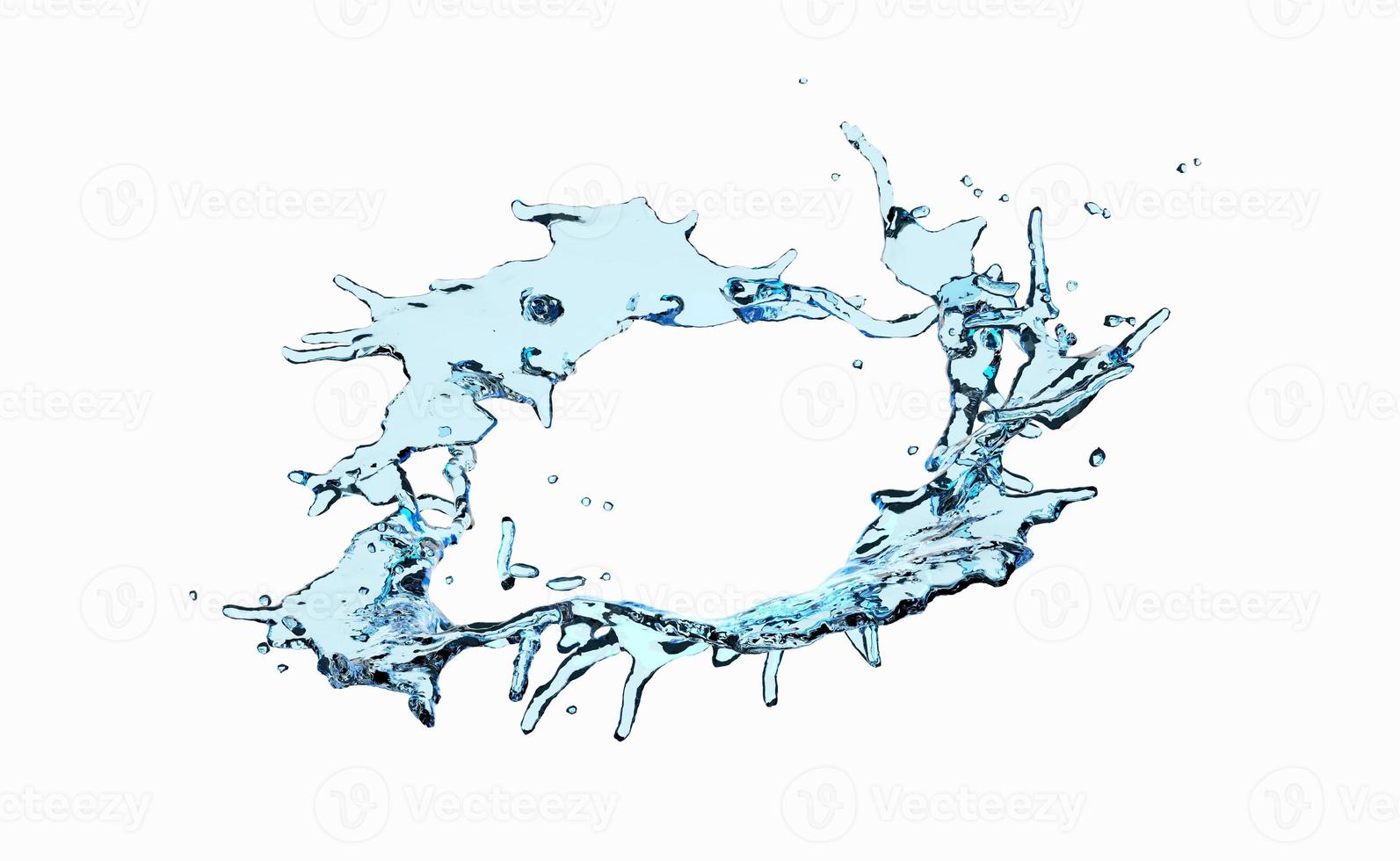eau bleue claire de bain à remous 3d éparpillée, éclaboussures d'eau transparentes, isolées sur fond blanc. illustration de rendu 3d photo