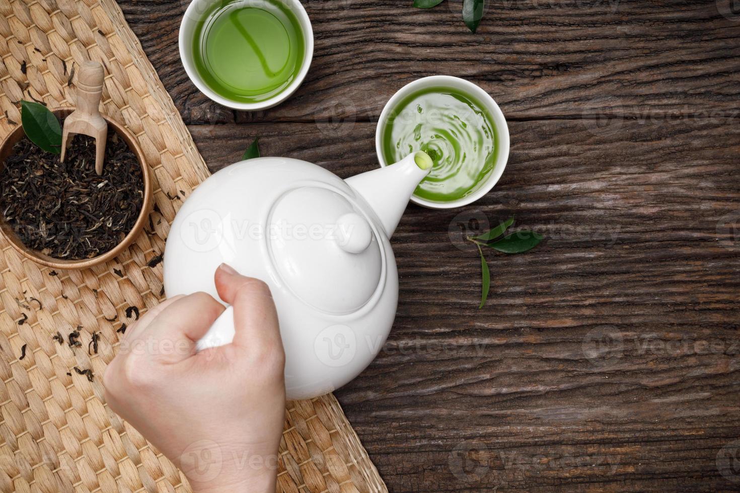 versez à la main du thé vert fumant chaud dans une tasse de théière et de tisane séchée sur la table en bois espace vide plat créatif, produit biologique de la nature pour une bonne santé avec un style traditionnel photo