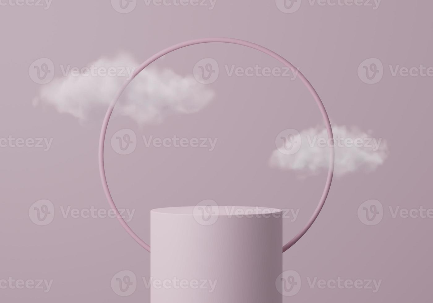 podium de piédestal d'angle rond rose abstrait avec nuage, podium d'affichage de produit dans le ciel, studio de rendu 3d avec des formes géométriques, scène minimale de produit cosmétique avec plate-forme, stand pour montrer les produits photo