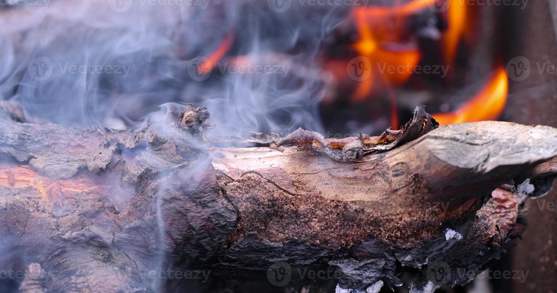 un feu fait de bûches pendant la cuisson d'un barbecue en vacances le week-end photo