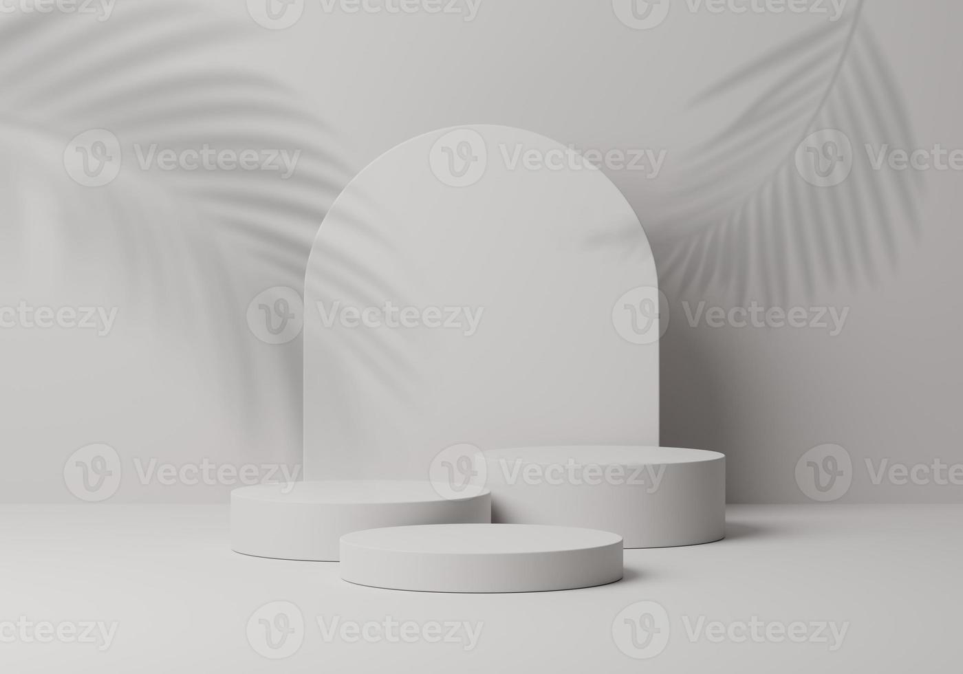 podium rond cosmétique ou piédestal avec ombre de feuilles sur fond blanc, podium d'affichage de produit abstrait, studio de rendu 3d avec formes géométriques, stand pour montrer l'arrière-plan des produits photo