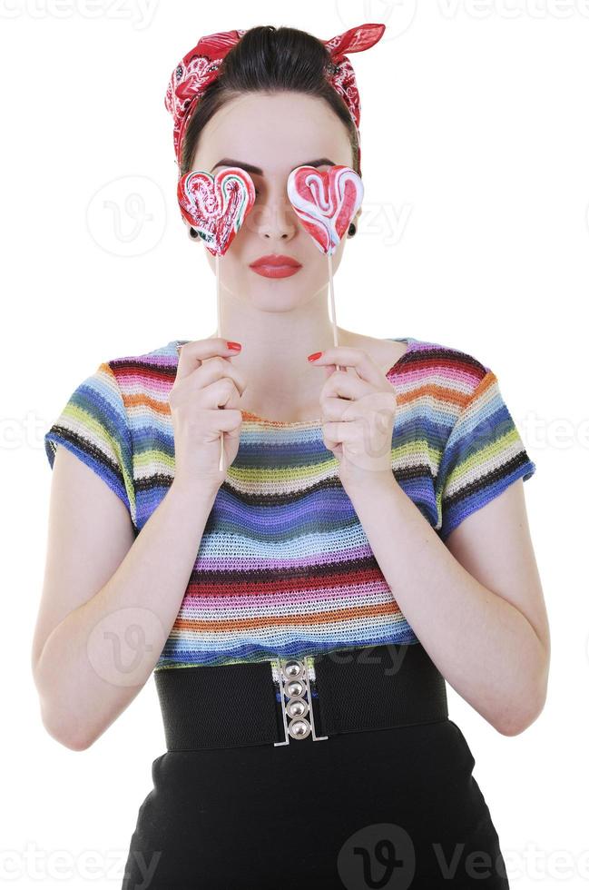 femme heureuse avec sucette isolé sur blanc photo