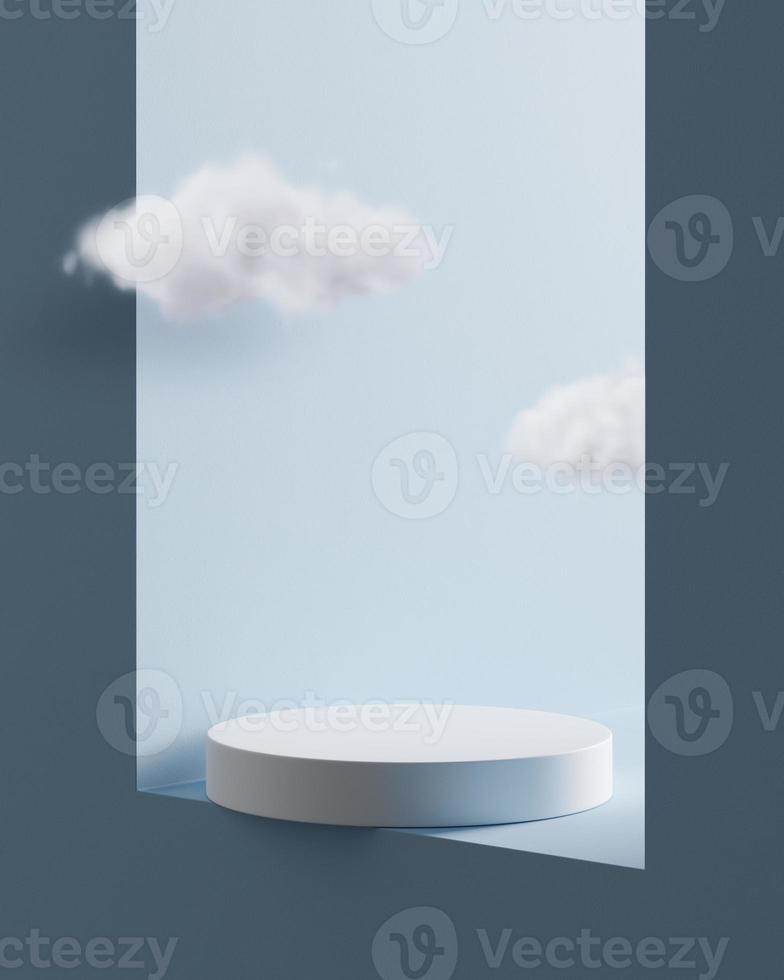 podium de piédestal d'angle rond blanc abstrait avec nuage dans la fenêtre bleue, podium d'affichage de produit dans le ciel, studio de rendu 3d avec formes géométriques, scène minimale de produit cosmétique avec plate-forme photo