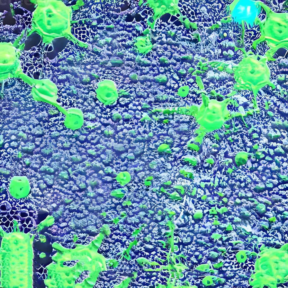 virus microscopiques réalistes de diverses formes sur fond flou bleu illustration de modèle sans couture photo