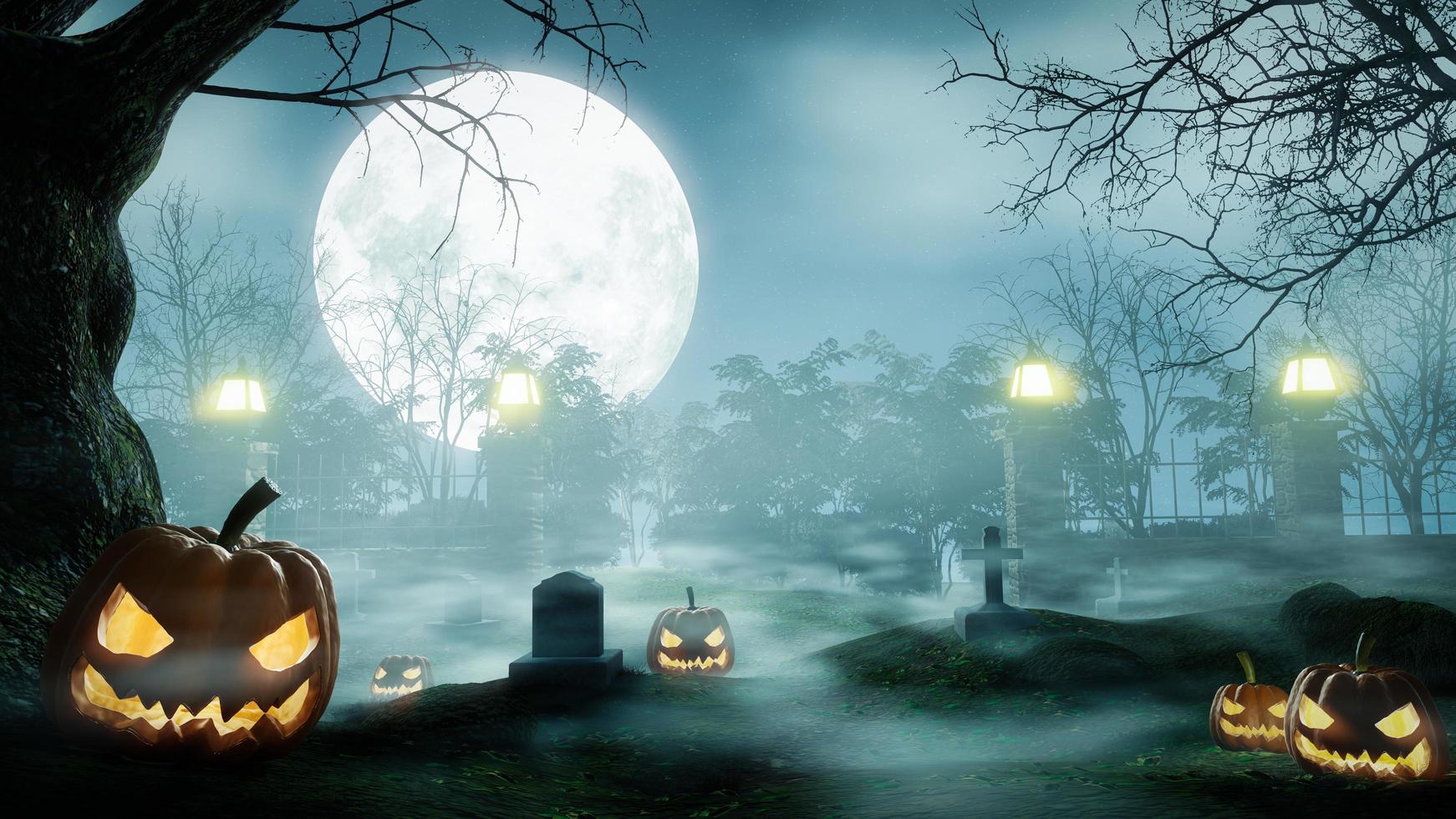 cimetière de nuit d'halloween, nombreuses tombes, avec des citrouilles sculptées au visage du diable. la pleine lune était brumeuse, au-dessus du sol les arbres avaient des branches sans feuilles. rendu 3d photo