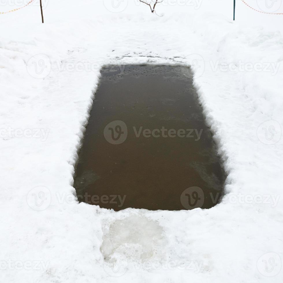 trou de glace avec de l'eau gelée dans le lac en hiver photo