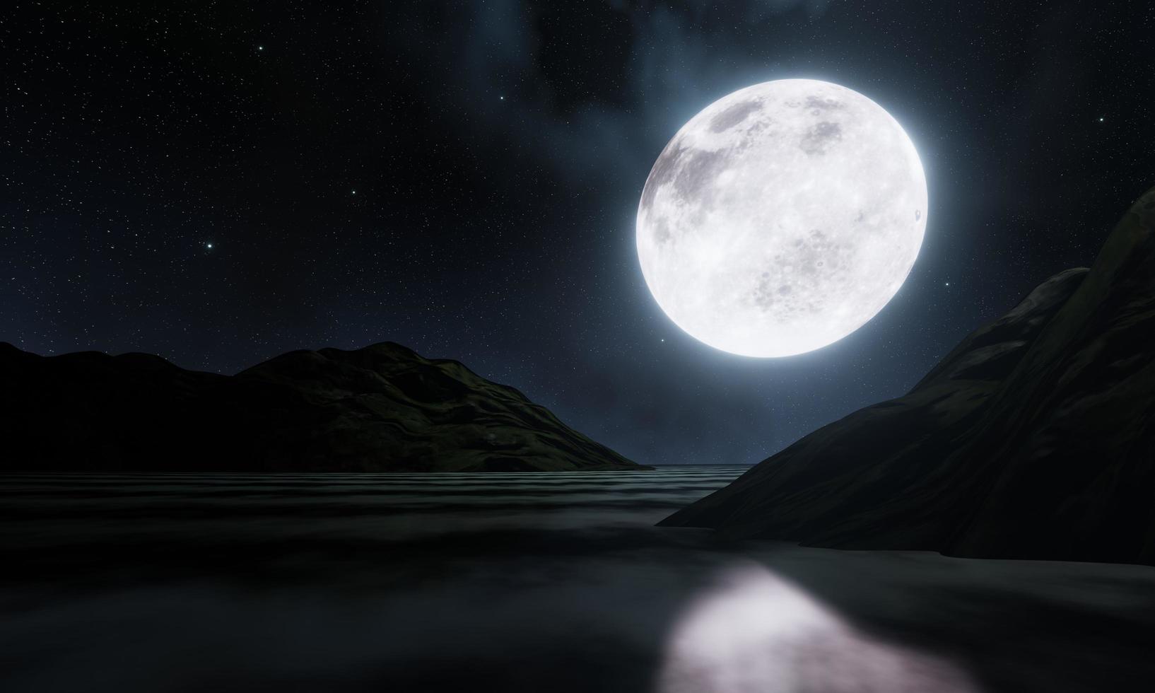 la pleine lune bleue se reflète dans la mer. l'ombre ou la silhouette de l'île dans l'océan le ciel a beaucoup d'étoiles. ondulations sur la mer le rendu night.3d photo