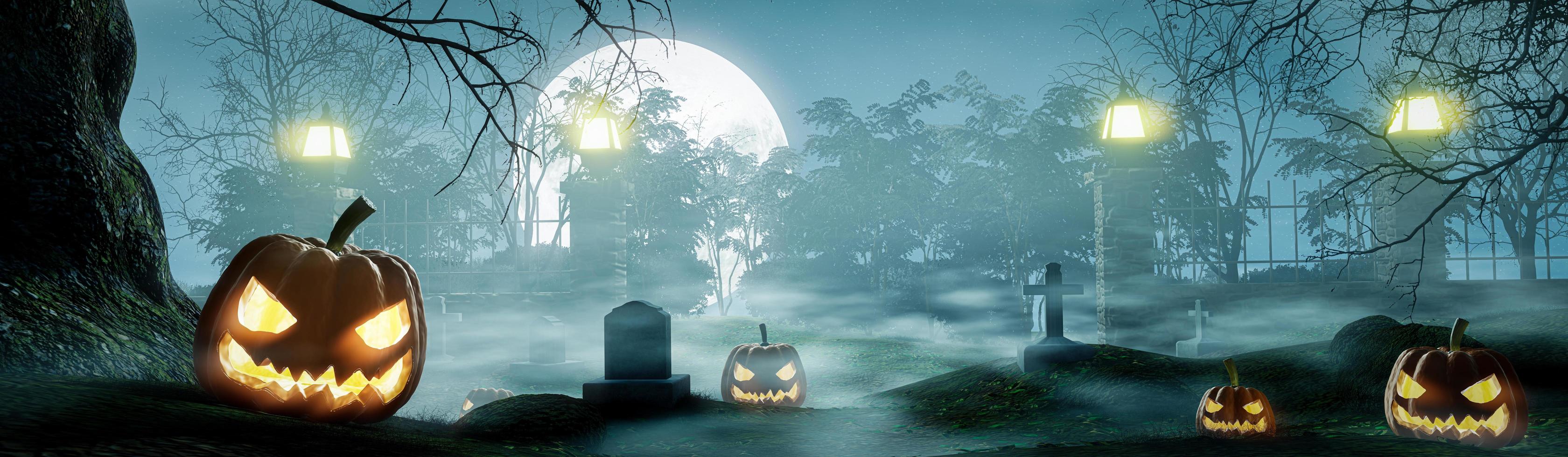 cimetière de nuit d'halloween, nombreuses tombes, avec des citrouilles sculptées au visage du diable. la pleine lune était brumeuse, au-dessus du sol les arbres avaient des branches sans feuilles. rendu 3d photo