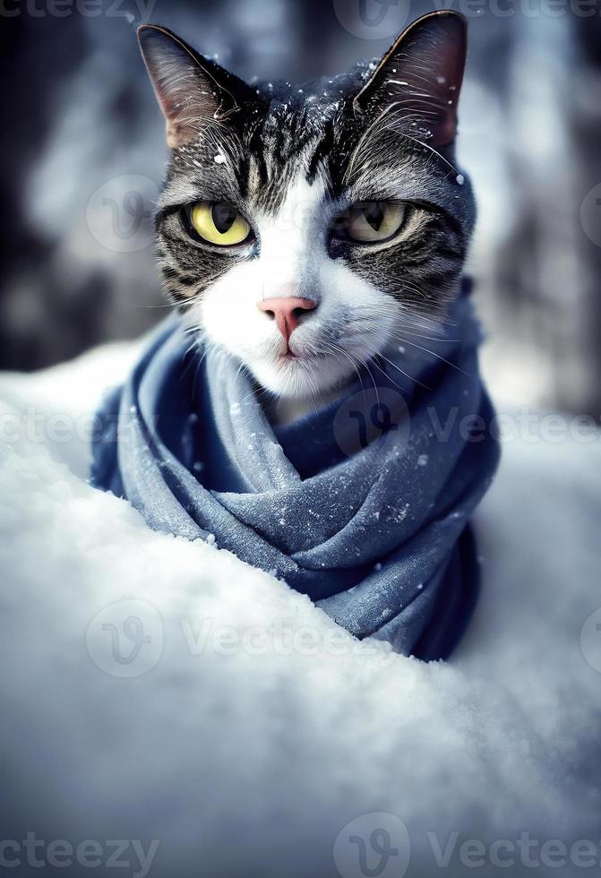 un chat portant une écharpe dans une forêt de neige. photo