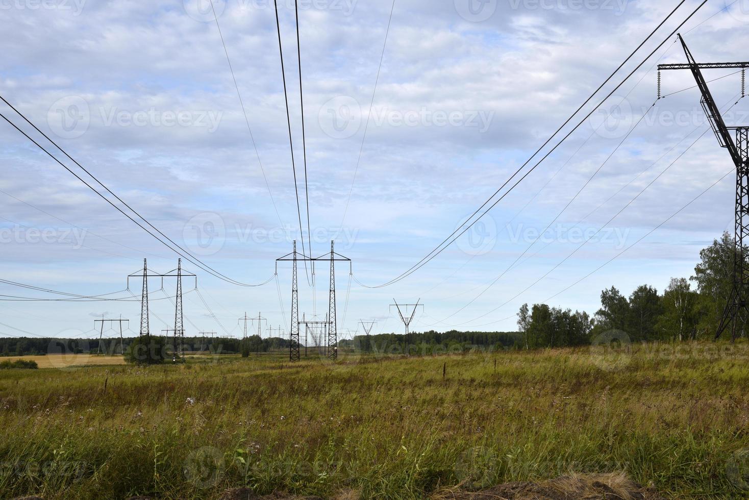 ligne électrique à haute tension sur le terrain un jour d'été. une ligne électrique dans un champ vert. photo