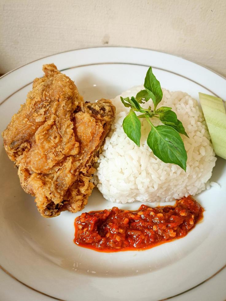 riz blanc servi sur une assiette blanche avec accompagnements de poulet frit, sambal et concombre photo