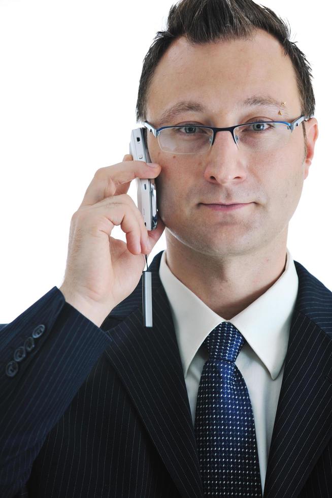 homme d'affaires avec téléphone portable isolé sur blanc photo
