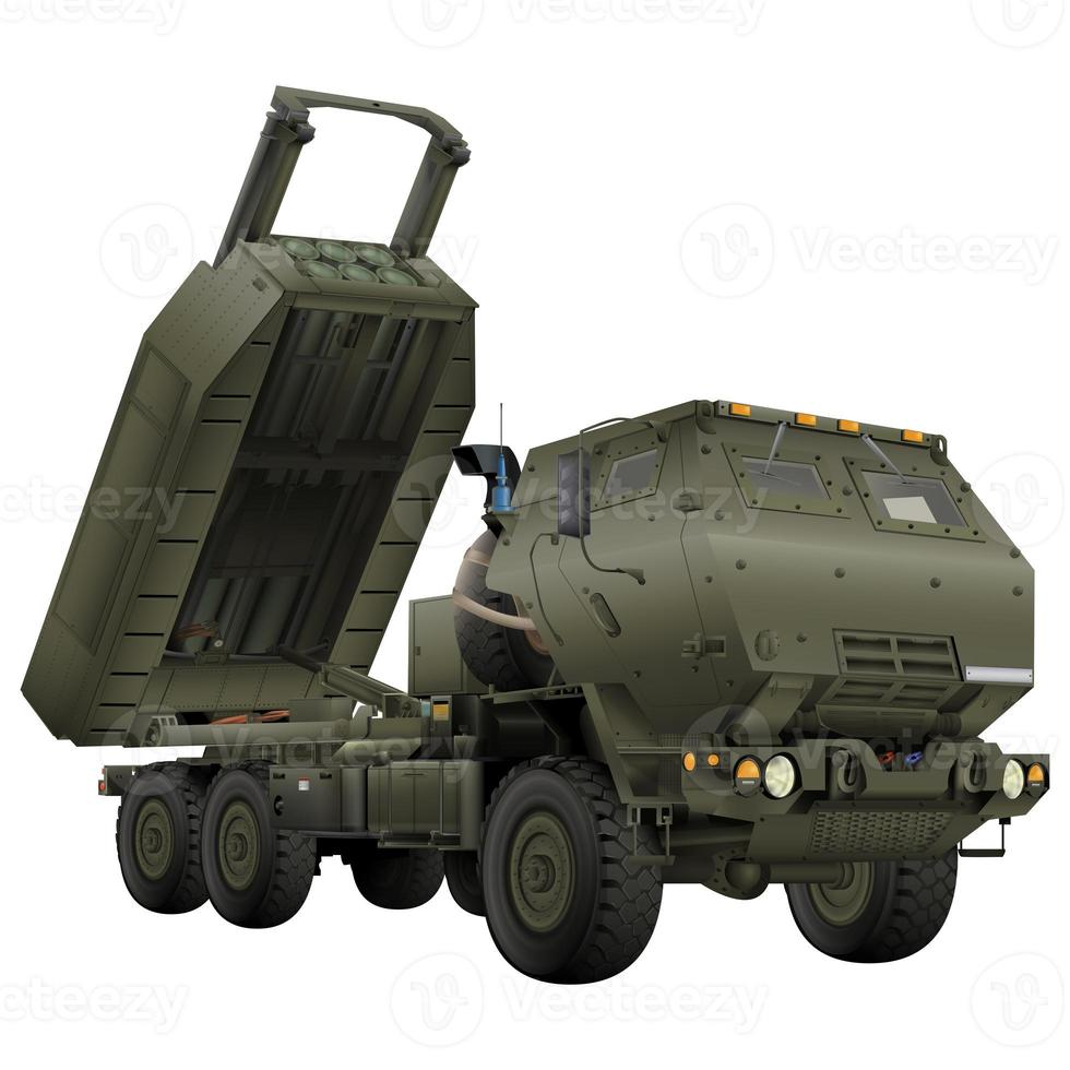 système de fusée d'artillerie à haute mobilité. camion tactique. illustration 3d colorée sur fond blanc. photo