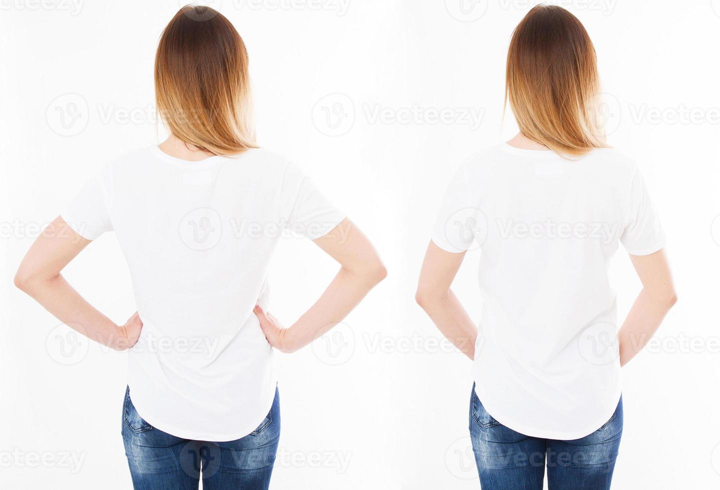Vues en retrait Deux femmes en t-shirt isolées sur fond blanc Collage fille en t-shirt Vierge Modèle photo