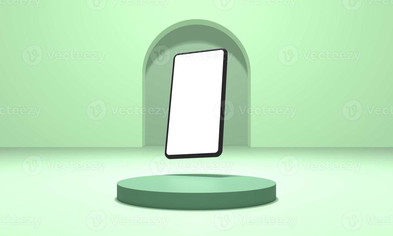 maquette de téléphone écran blanc avec rendu d'illustration 3d de scène vert néon podium pour les produits d'affichage de prospectus, la publicité de conception, etc. photo