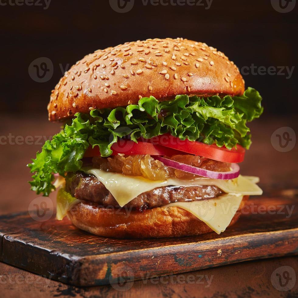 burger fait maison avec marmelade de boeuf, fromage et oignons sur une planche de bois. concept de restauration rapide, cuisine américaine photo