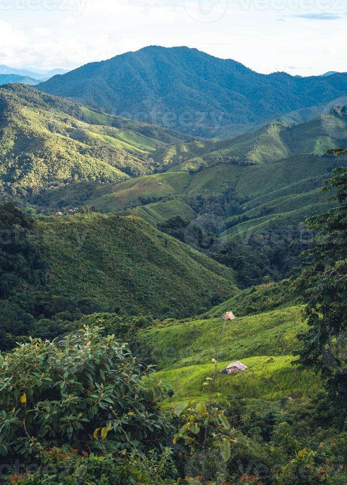 vallée de montagne verte nan thaïlande, champs de montagne verte avec ciel bleu photo