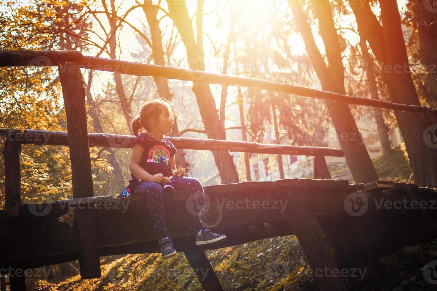 petite fille se reposant sur un pont en bois pendant la journée d'automne ensoleillée. photo