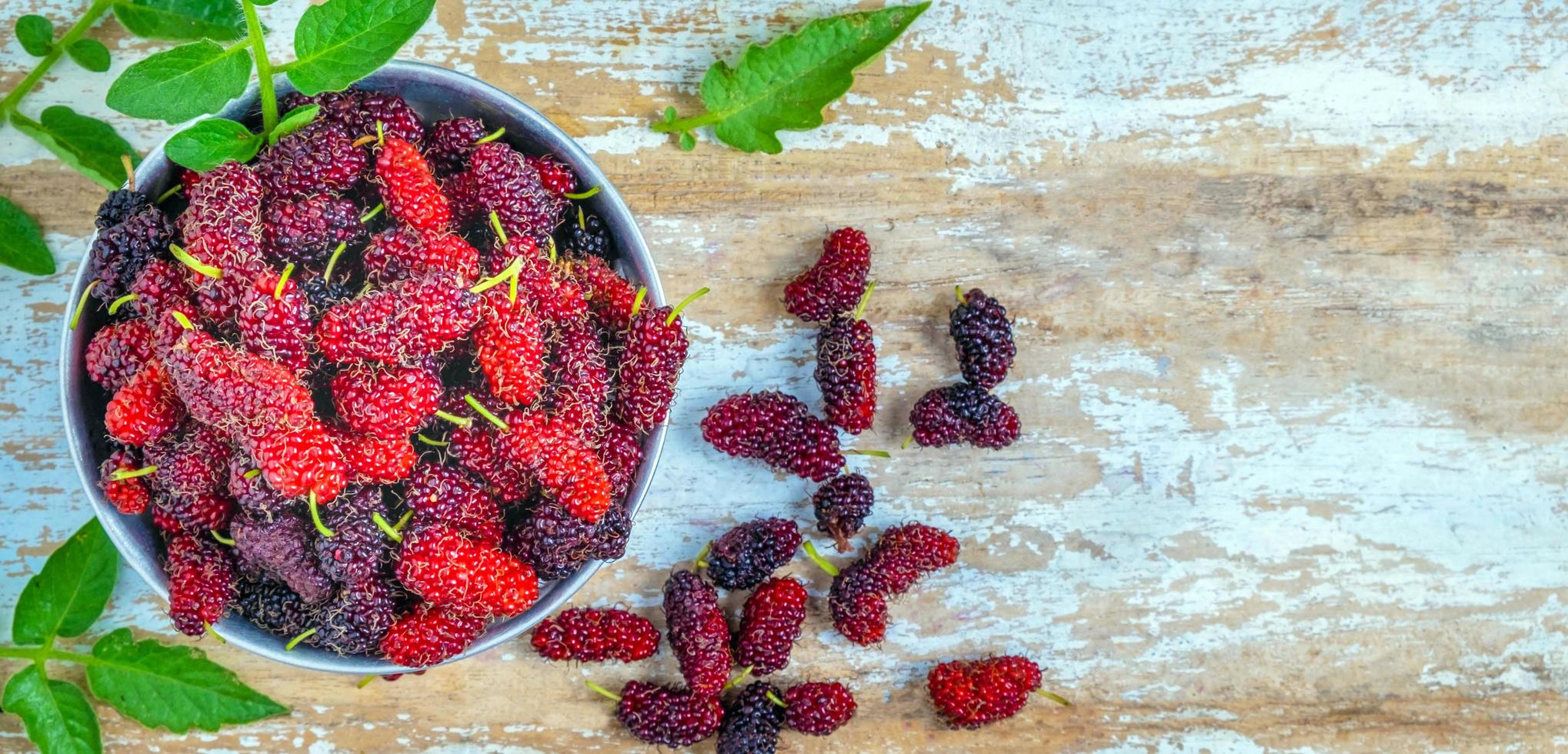 la vue de dessus des mûres fraîches est une source saine de super fruits de vitamines dans un bol sur le vieux fond en bois. mélanger des fruits de mûrier bio en thaïlande photo