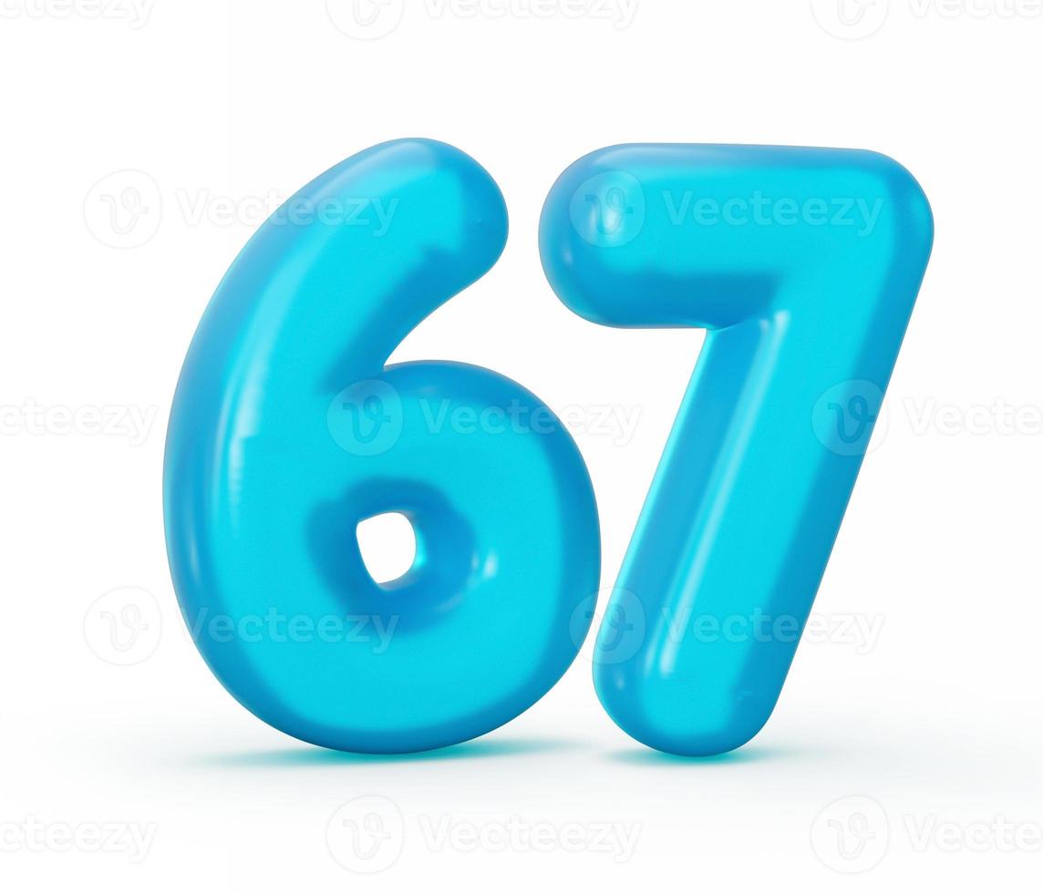 chiffre de gelée bleue 67 soixante sept isolé sur fond blanc gelée alphabets colorés numéros pour enfants illustration 3d photo