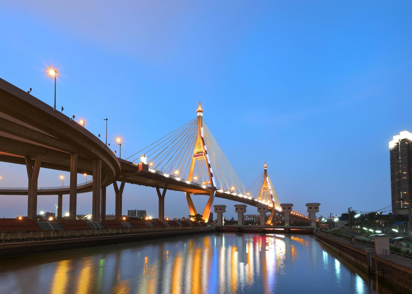 Le pont de Bhumibol en Thaïlande illuminé après le coucher du soleil photo