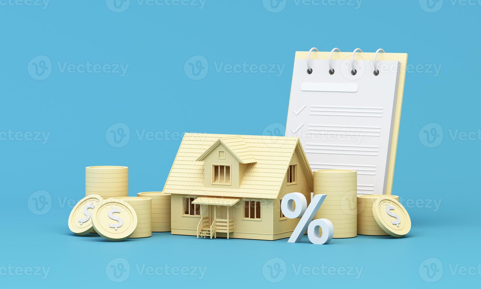 l'investissement immobilier ou l'assurance. taux de crédit immobilier. économiser de l'argent pour le concept de retraite. pile de pièces sur les billets avec modèle de maison de couleur avec calculatrice. illustration de rendu 3d photo